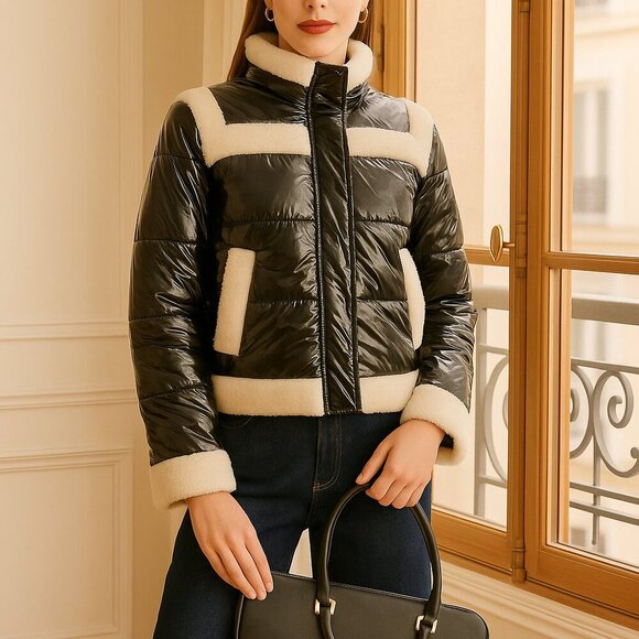 J. Society Sherpa Trim Bomber Jacket NWT Quilted Puffer Black Cream - Picture 1 of 13